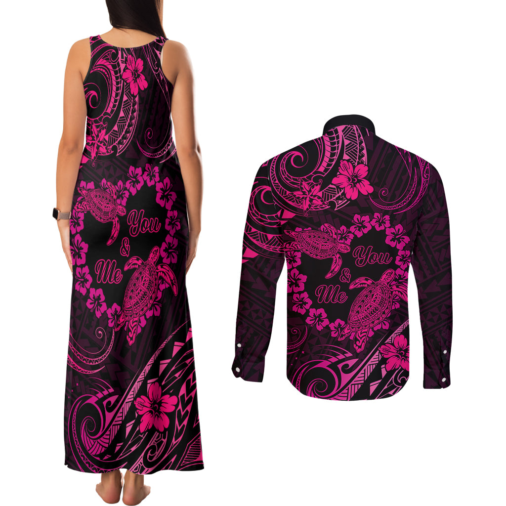Polynesian Turtle Valentine Couples Matching Tank Maxi Dress and Long Sleeve Button Shirt You And Me Pink Hibiscus Heart LT01 - Polynesian Pride