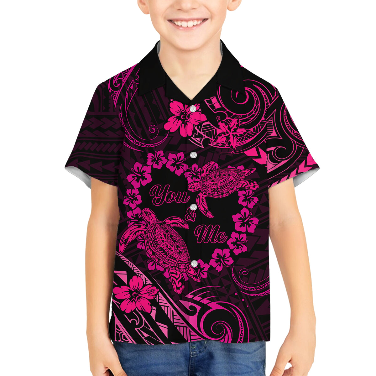 Polynesian Turtle Valentine Family Matching Off Shoulder Long Sleeve Dress and Hawaiian Shirt You And Me Pink Hibiscus Heart LT01 Son's Shirt Pink - Polynesian Pride