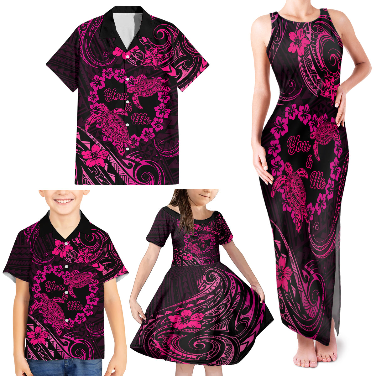 Polynesian Turtle Valentine Family Matching Tank Maxi Dress and Hawaiian Shirt You And Me Pink Hibiscus Heart LT01 - Polynesian Pride