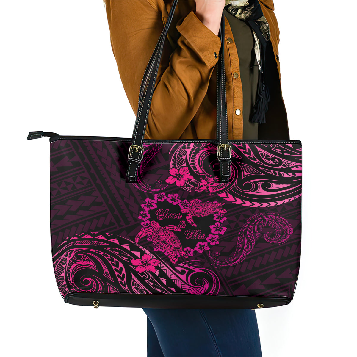 Polynesian Turtle Valentine Leather Tote Bag You And Me Pink Hibiscus Heart LT01 - Polynesian Pride