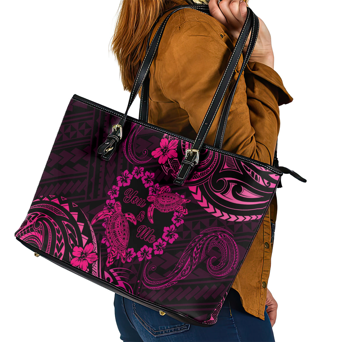 Polynesian Turtle Valentine Leather Tote Bag You And Me Pink Hibiscus Heart LT01 - Polynesian Pride