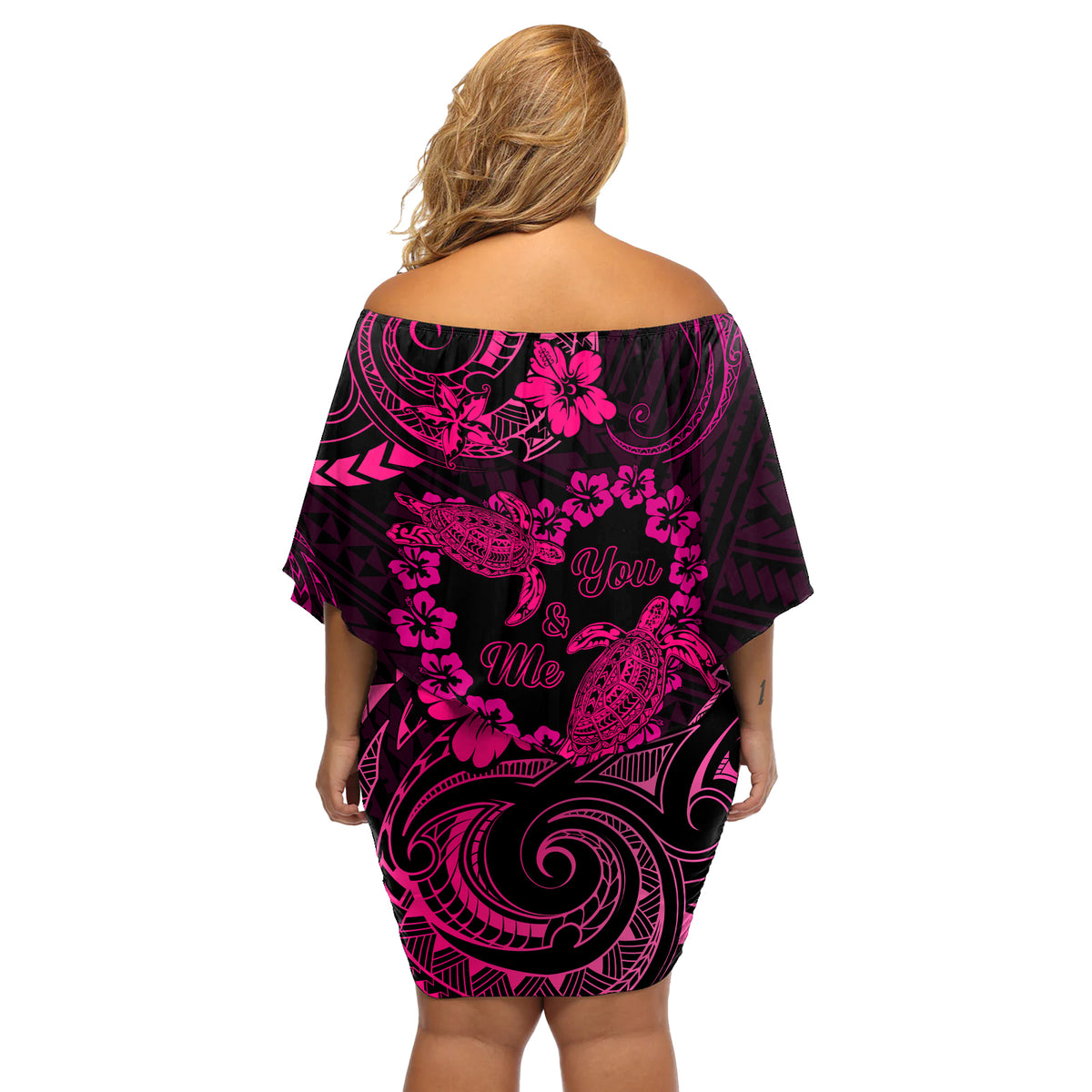 Polynesian Turtle Valentine Off Shoulder Short Dress You And Me Pink Hibiscus Heart LT01 - Polynesian Pride