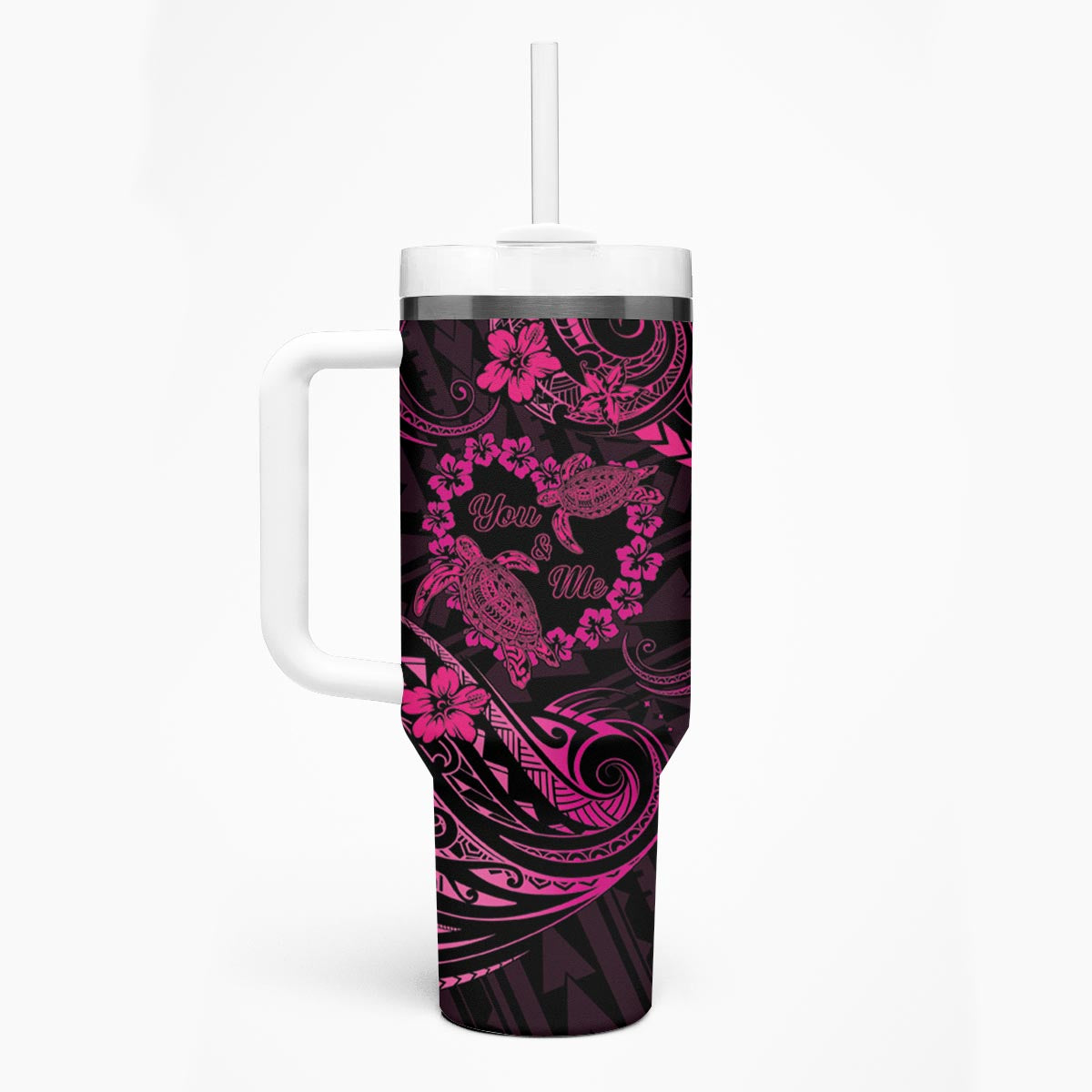 Polynesian Turtle Valentine Tumbler With Handle You And Me Pink Hibiscus Heart