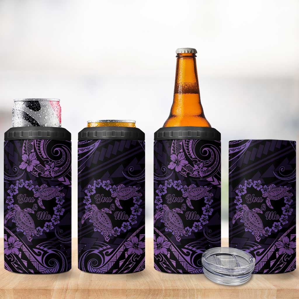 Polynesian Turtle Valentine 4 in 1 Can Cooler Tumbler You And Me Purple Hibiscus Heart
