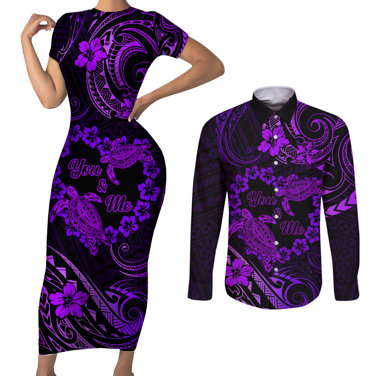 Polynesian Turtle Valentine Couples Matching Short Sleeve Bodycon Dress and Long Sleeve Button Shirt You And Me Purple Hibiscus Heart LT01 Purple - Polynesian Pride