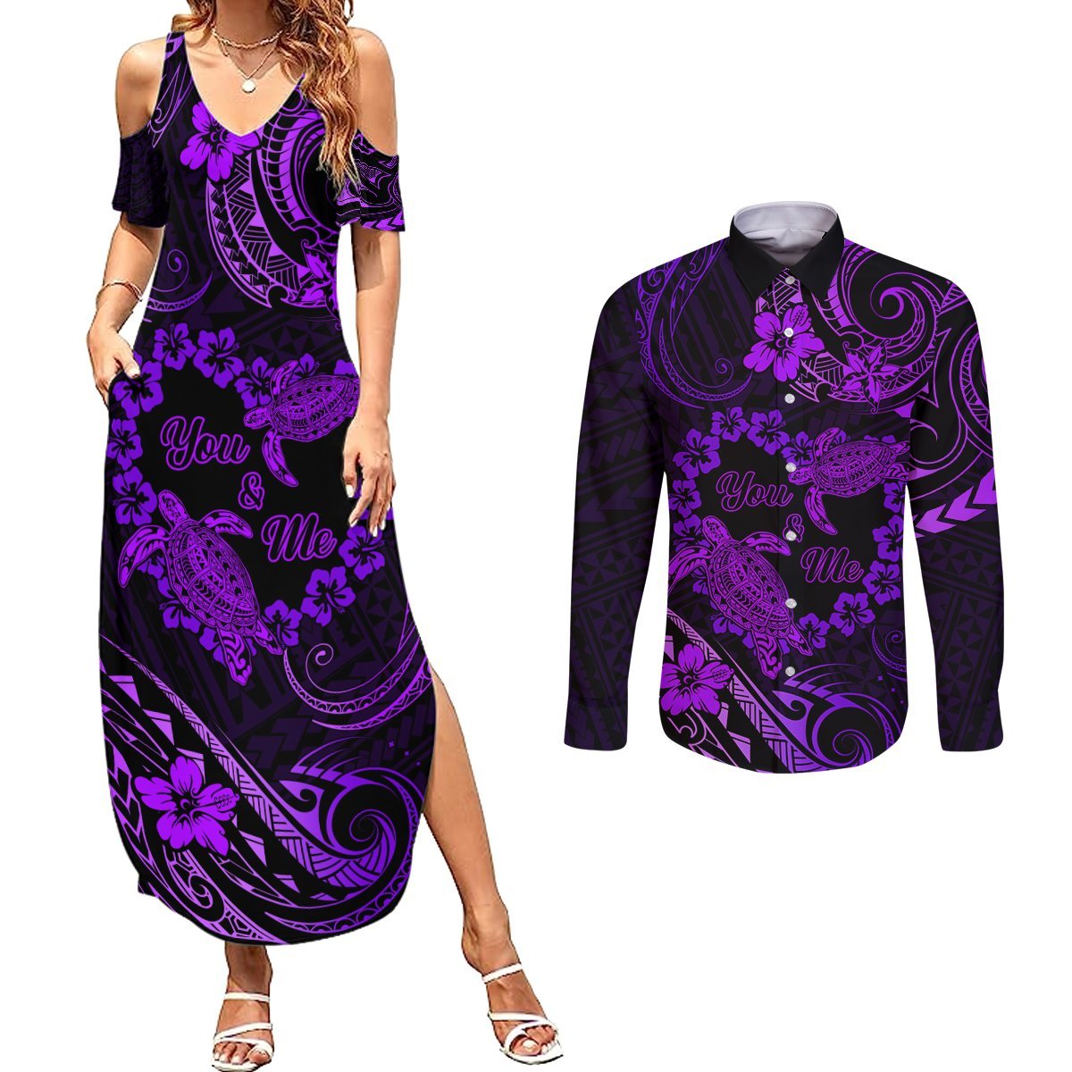 Polynesian Turtle Valentine Couples Matching Summer Maxi Dress and Long Sleeve Button Shirt You And Me Purple Hibiscus Heart LT01 Purple - Polynesian Pride