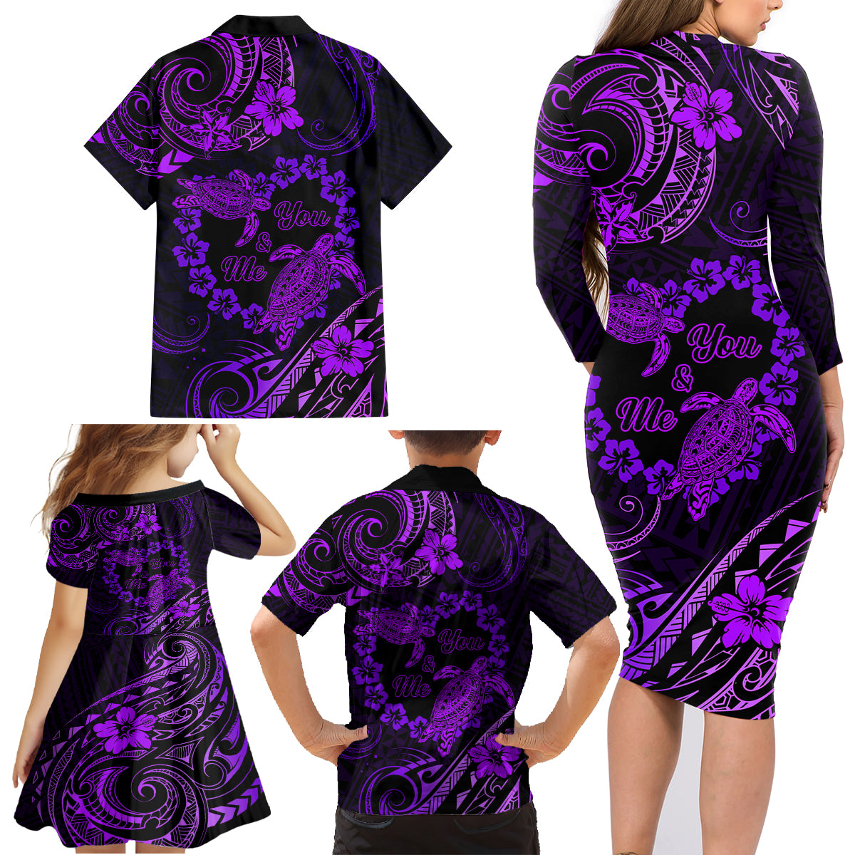 Polynesian Turtle Valentine Family Matching Long Sleeve Bodycon Dress and Hawaiian Shirt You And Me Purple Hibiscus Heart LT01 - Polynesian Pride