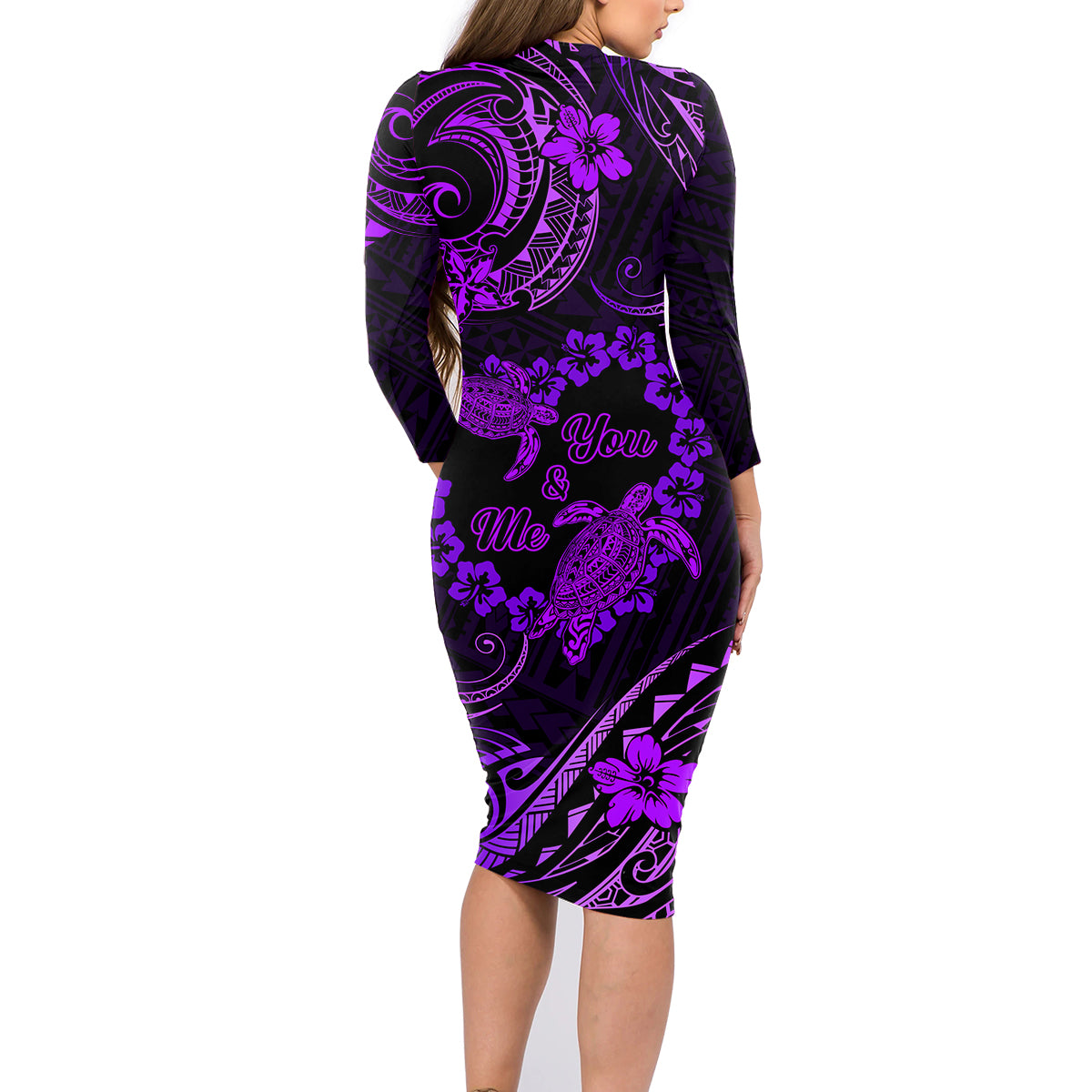 Polynesian Turtle Valentine Family Matching Long Sleeve Bodycon Dress and Hawaiian Shirt You And Me Purple Hibiscus Heart LT01 - Polynesian Pride