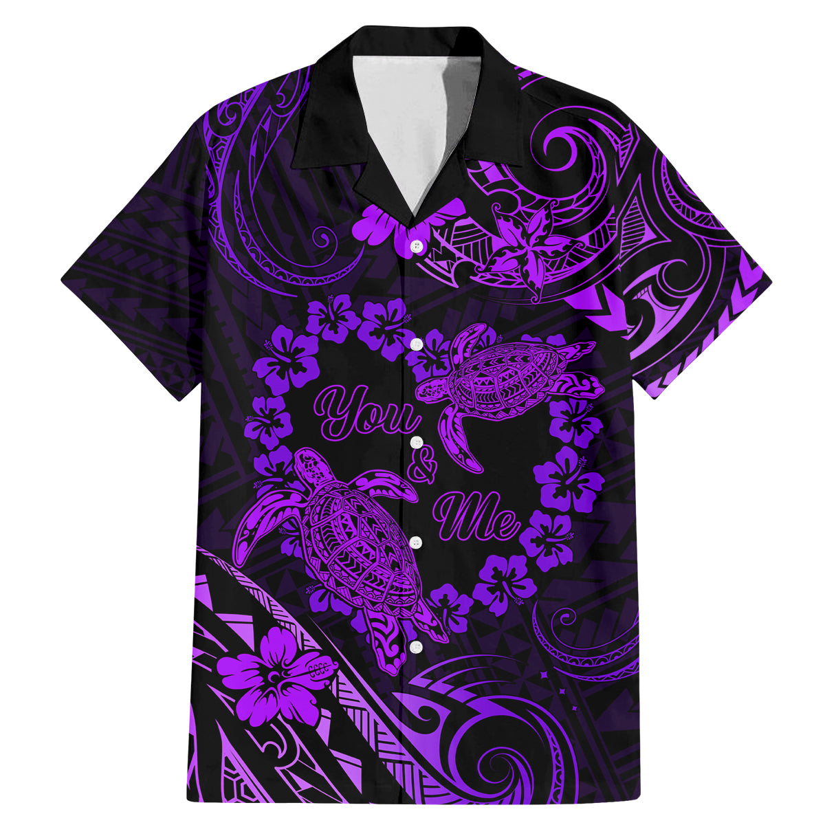 Polynesian Turtle Valentine Family Matching Mermaid Dress and Hawaiian Shirt You And Me Purple Hibiscus Heart LT01 Dad's Shirt - Short Sleeve Purple - Polynesian Pride