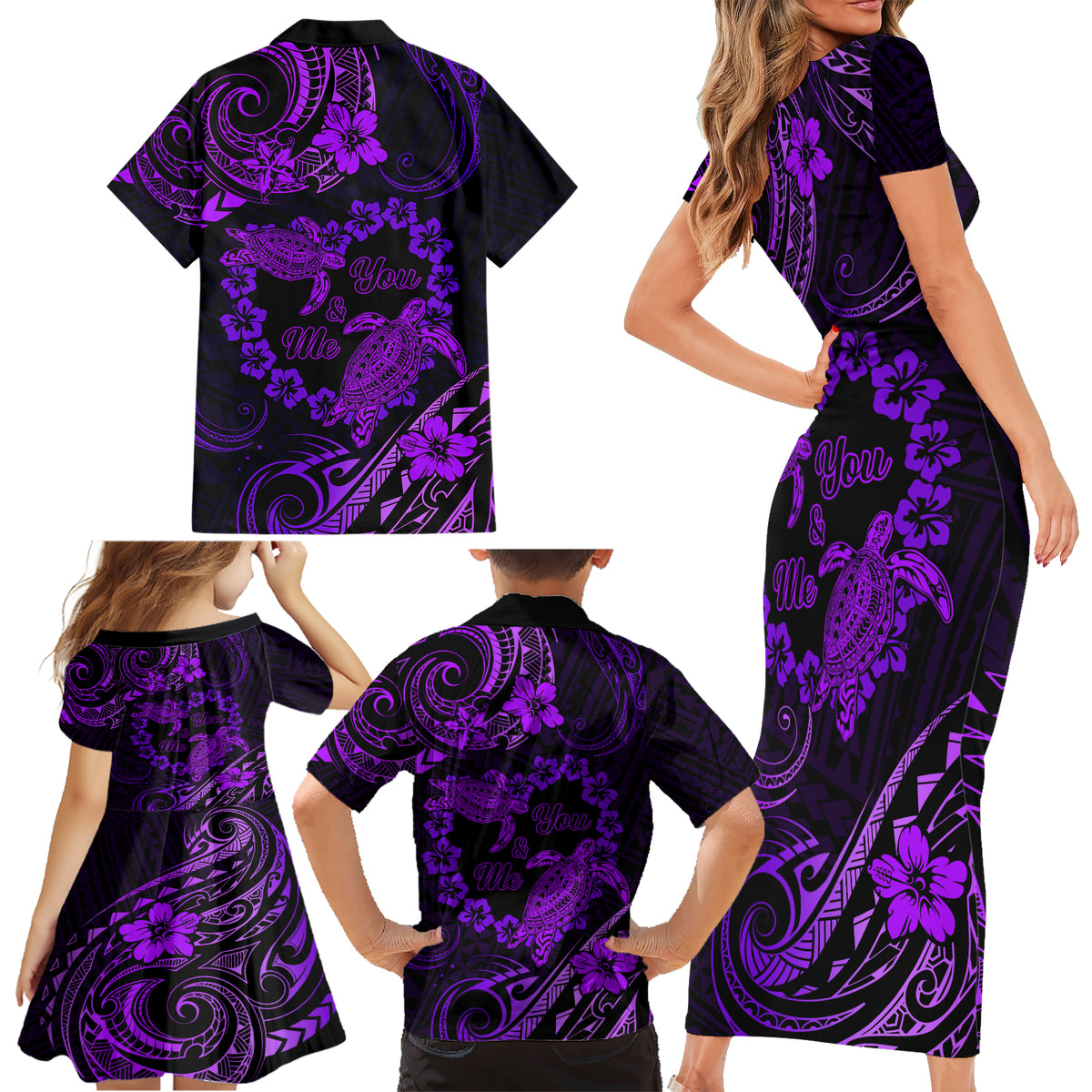 Polynesian Turtle Valentine Family Matching Short Sleeve Bodycon Dress and Hawaiian Shirt You And Me Purple Hibiscus Heart LT01 - Polynesian Pride