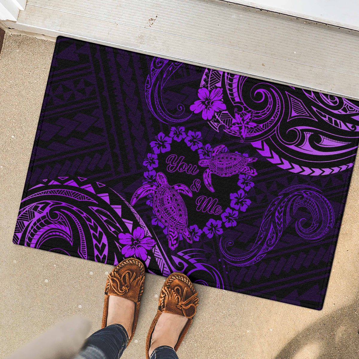 Polynesian Turtle Valentine Rubber Doormat You And Me Purple Hibiscus Heart LT01 - Polynesian Pride