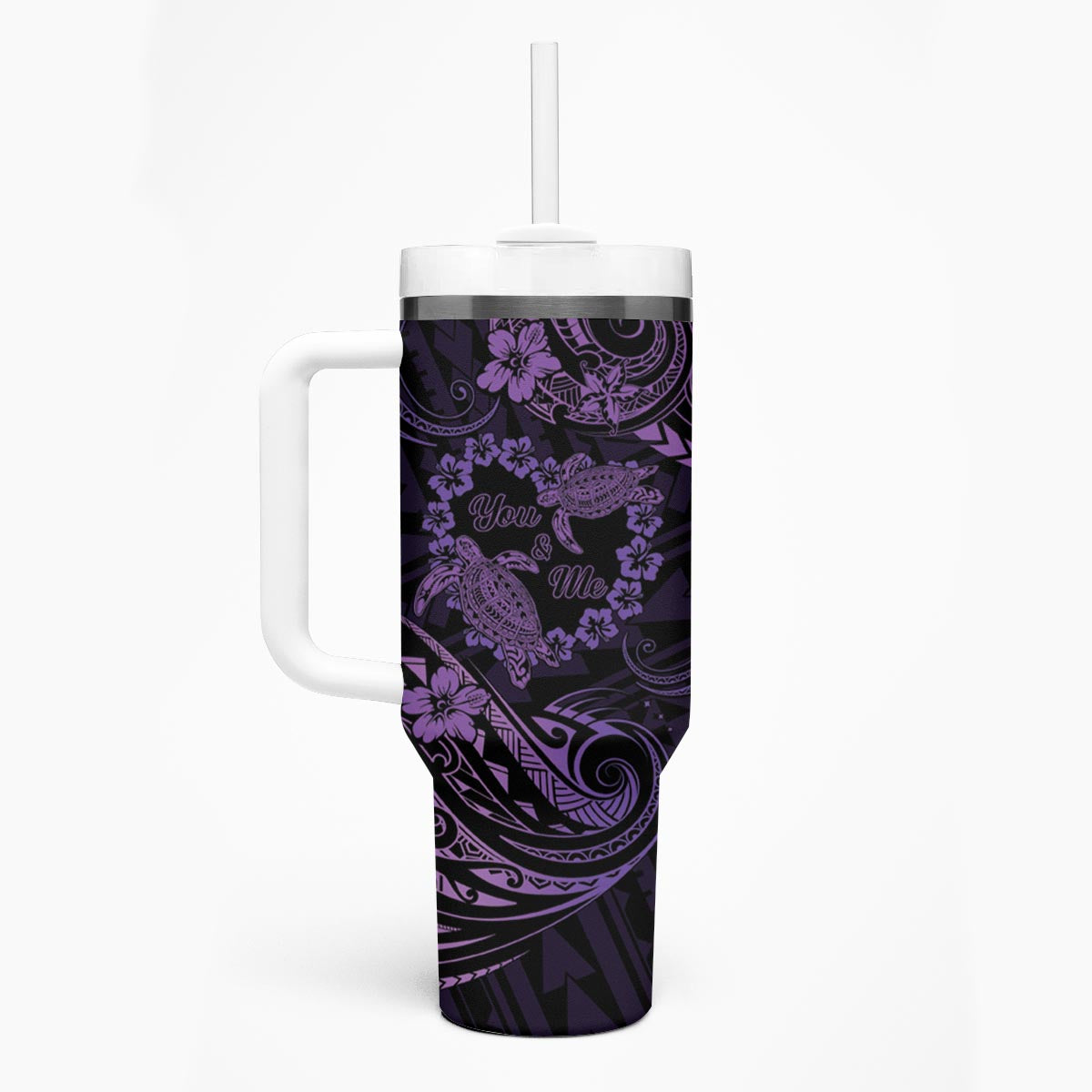 Polynesian Turtle Valentine Tumbler With Handle You And Me Purple Hibiscus Heart