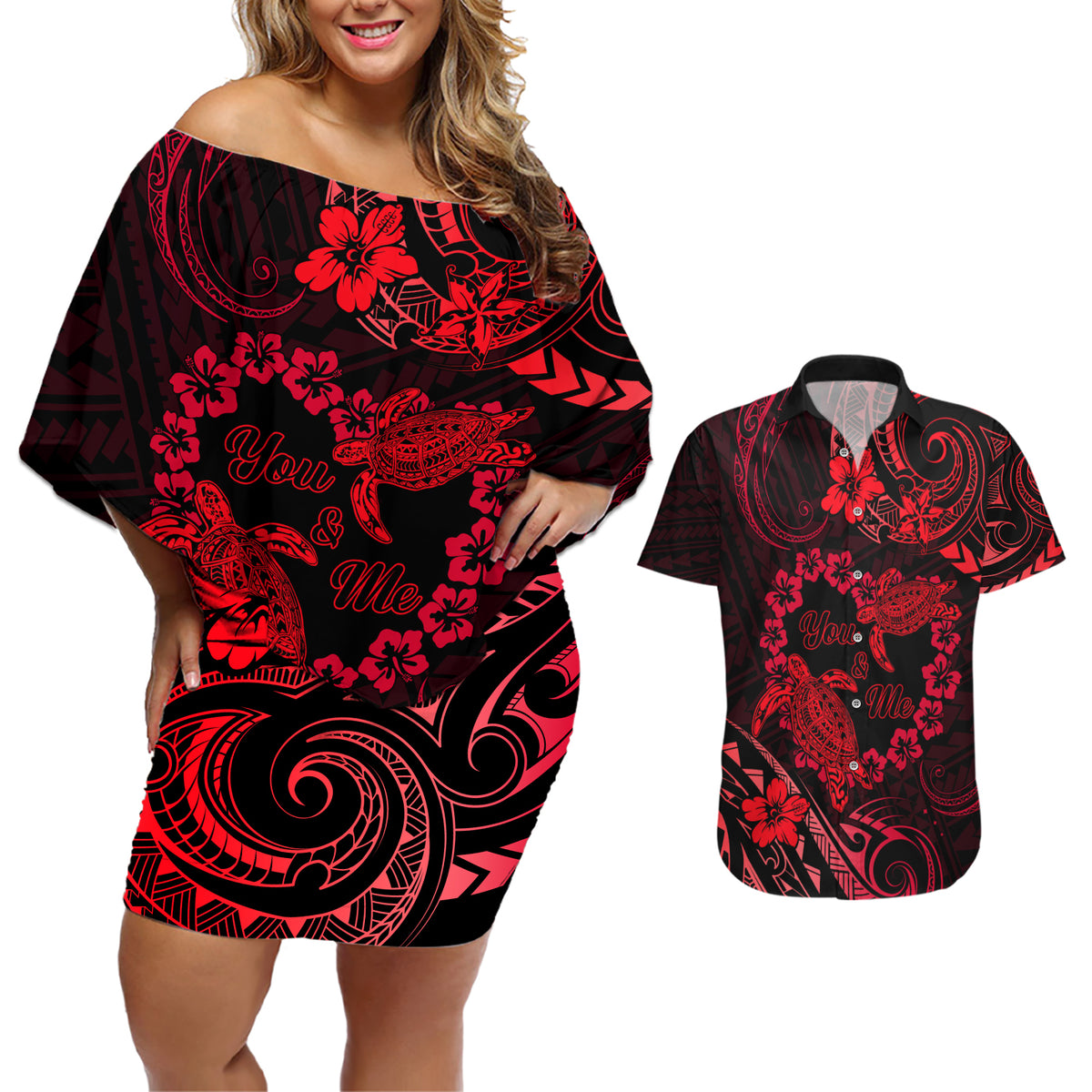 Polynesian Turtle Valentine Couples Matching Off Shoulder Short Dress and Hawaiian Shirt You And Me Red Hibiscus Heart LT01 Red - Polynesian Pride