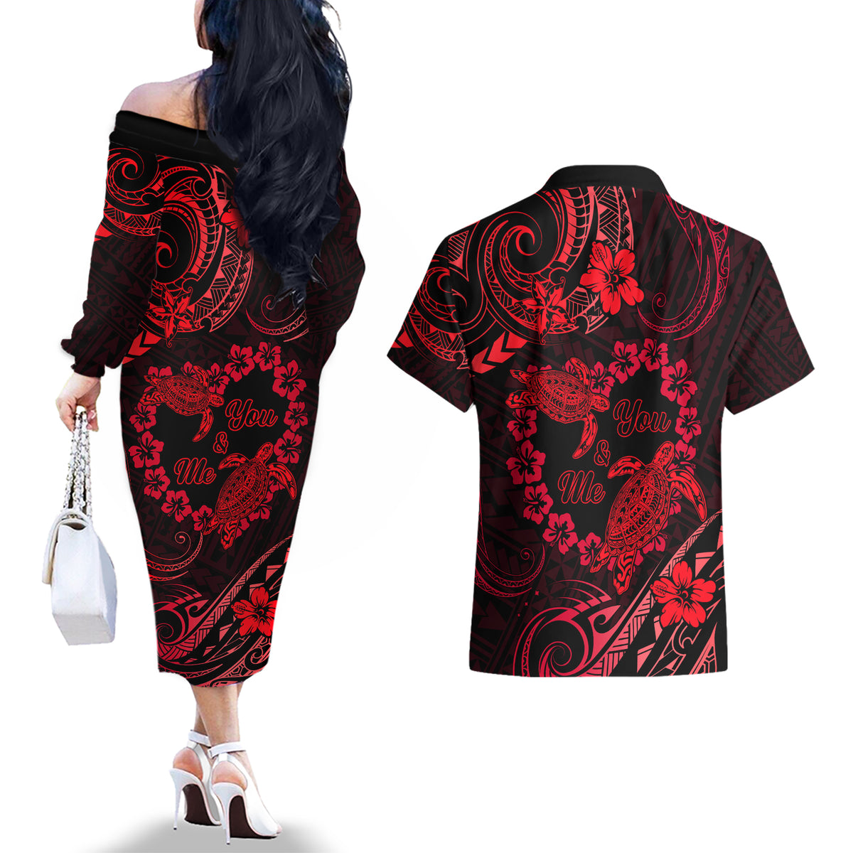 Polynesian Turtle Valentine Couples Matching Off The Shoulder Long Sleeve Dress and Hawaiian Shirt You And Me Red Hibiscus Heart LT01 - Polynesian Pride