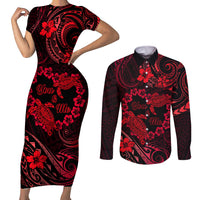 Polynesian Turtle Valentine Couples Matching Short Sleeve Bodycon Dress and Long Sleeve Button Shirt You And Me Red Hibiscus Heart LT01 Red - Polynesian Pride