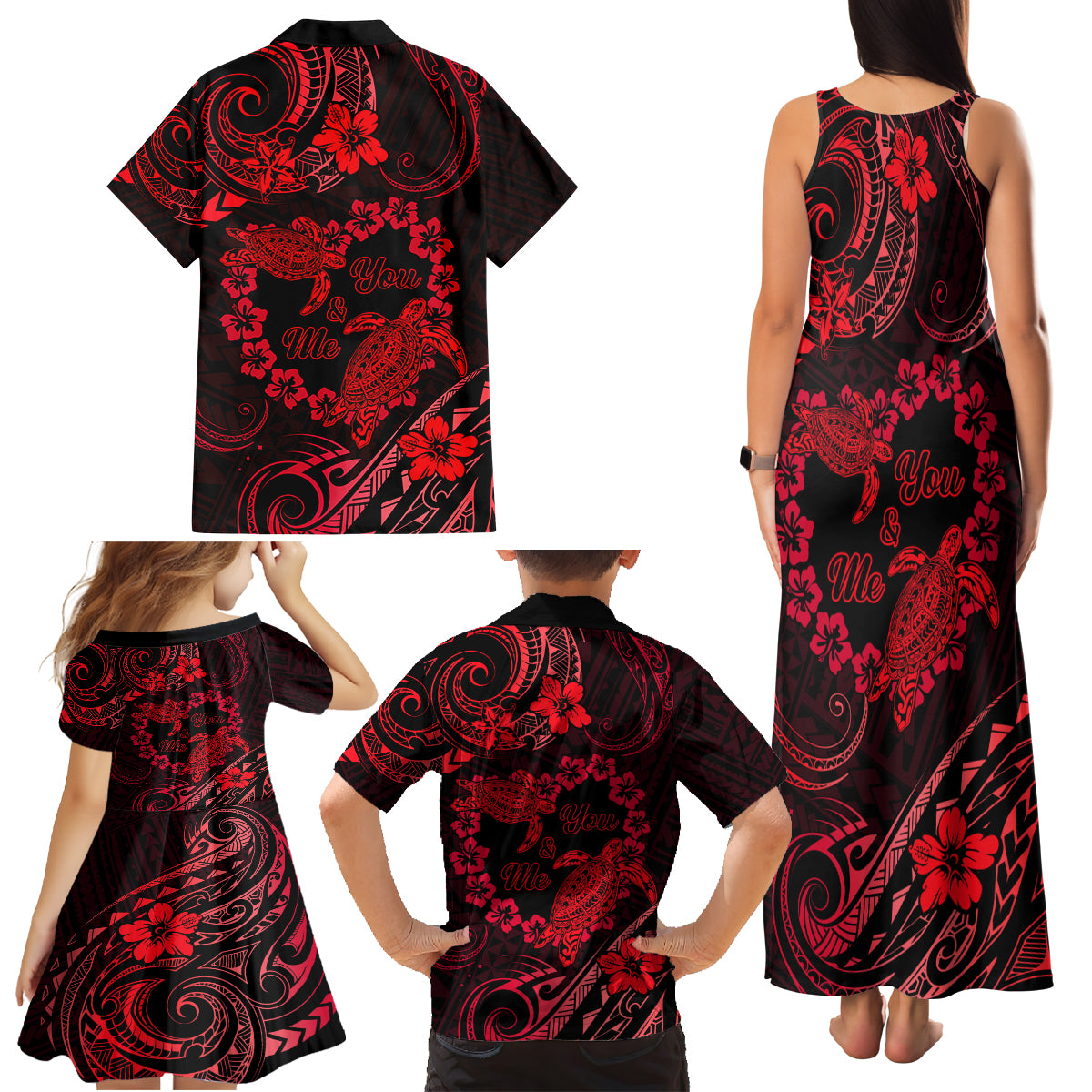 Polynesian Turtle Valentine Family Matching Tank Maxi Dress and Hawaiian Shirt You And Me Red Hibiscus Heart LT01 - Polynesian Pride