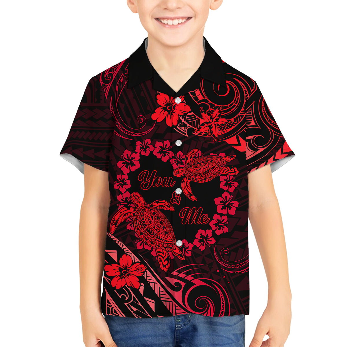 Polynesian Turtle Valentine Family Matching Tank Maxi Dress and Hawaiian Shirt You And Me Red Hibiscus Heart LT01 Son's Shirt Red - Polynesian Pride