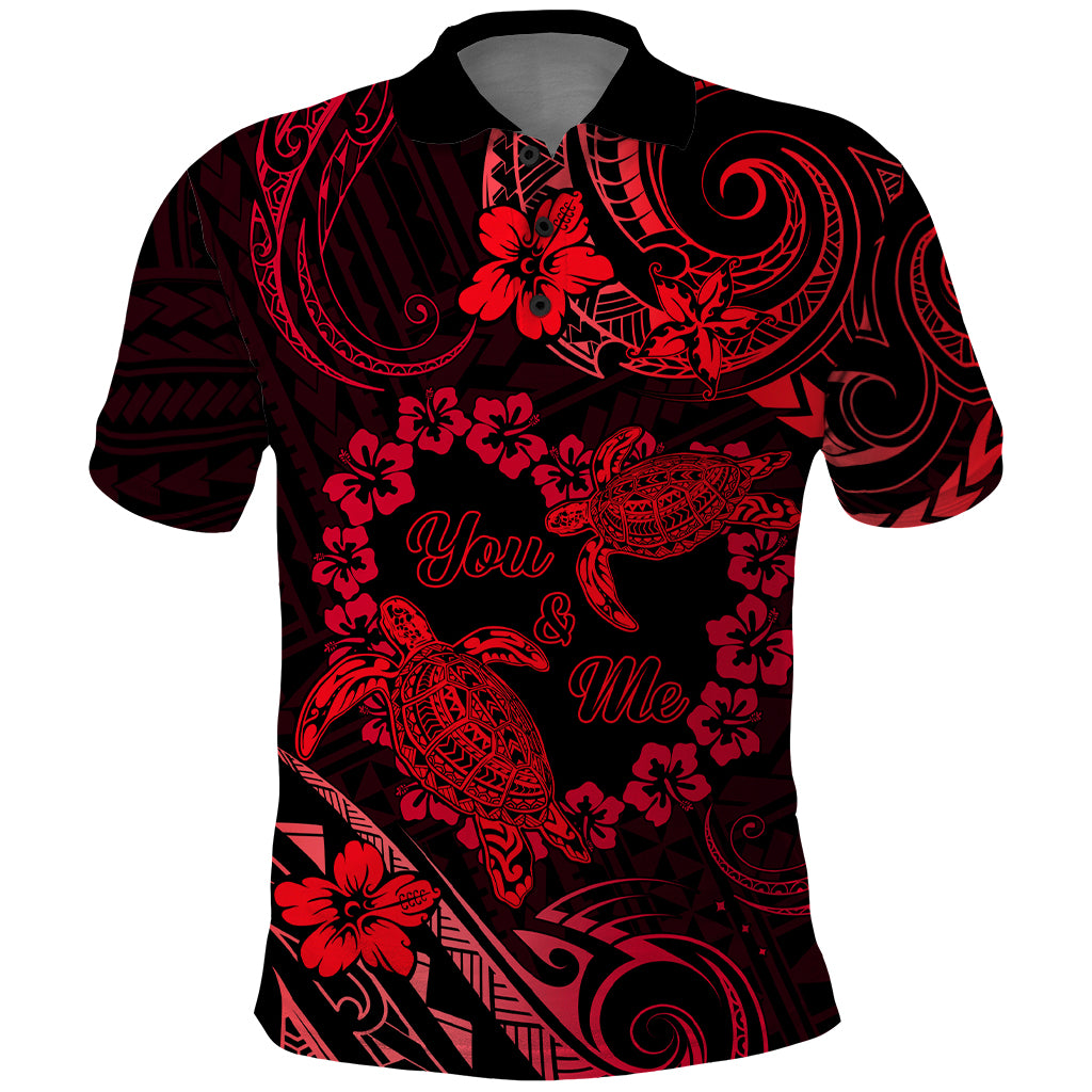 Polynesian Turtle Valentine Polo Shirt You And Me Red Hibiscus Heart LT01 Red - Polynesian Pride
