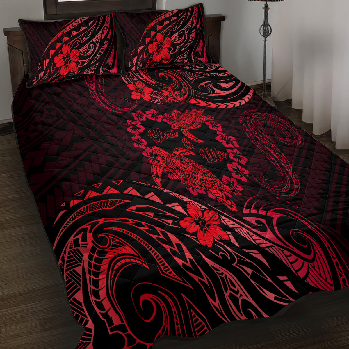 Polynesian Turtle Valentine Quilt Bed Set You And Me Red Hibiscus Heart LT01 - Polynesian Pride