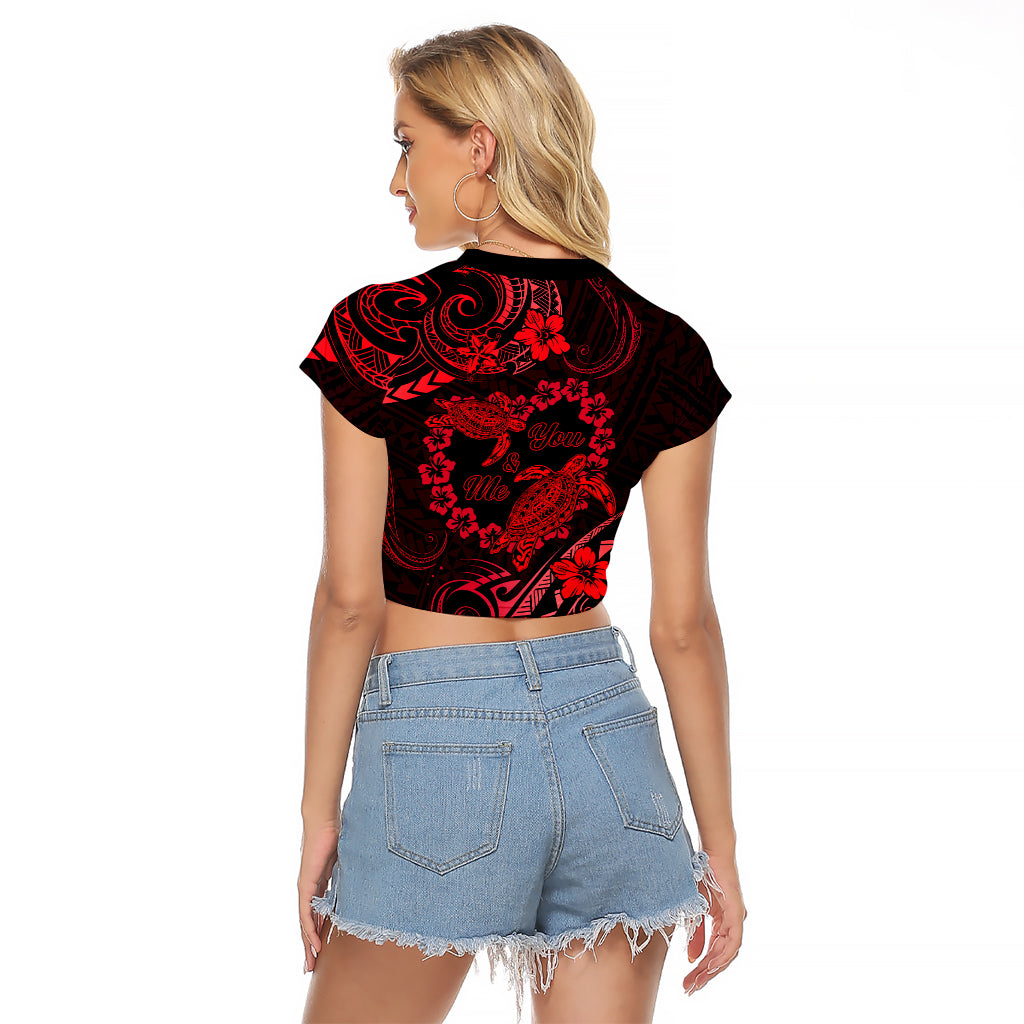 Polynesian Turtle Valentine Raglan Cropped T Shirt You And Me Red Hibiscus Heart LT01 - Polynesian Pride