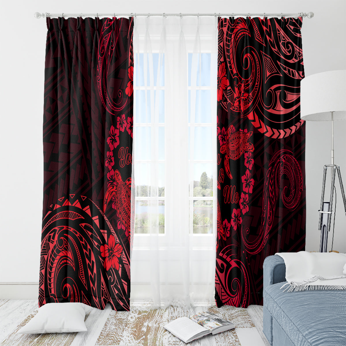 Polynesian Turtle Valentine Window Curtain You And Me Red Hibiscus Heart LT01 - Polynesian Pride