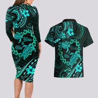 Polynesian Turtle Valentine Couples Matching Long Sleeve Bodycon Dress and Hawaiian Shirt You And Me Turquoise Hibiscus Heart LT01 - Polynesian Pride
