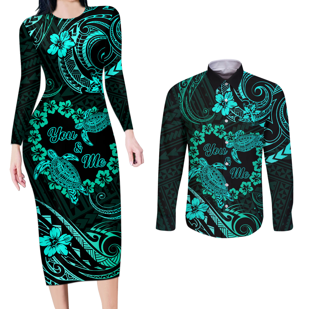 Polynesian Turtle Valentine Couples Matching Long Sleeve Bodycon Dress and Long Sleeve Button Shirt You And Me Turquoise Hibiscus Heart LT01 Turquoise - Polynesian Pride