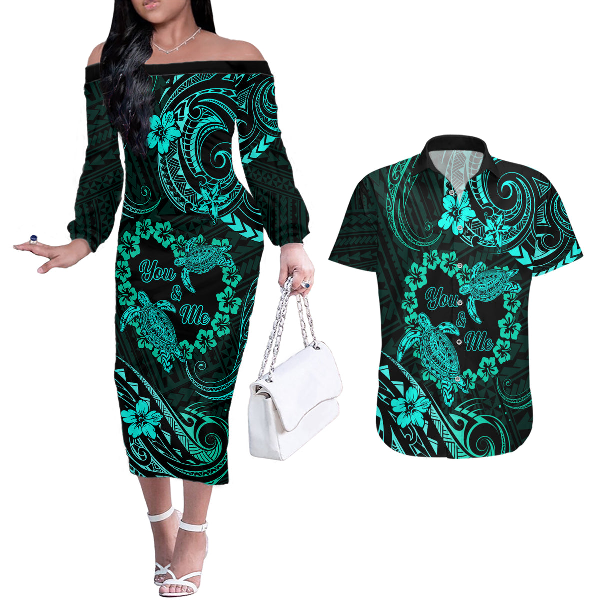 Polynesian Turtle Valentine Couples Matching Off The Shoulder Long Sleeve Dress and Hawaiian Shirt You And Me Turquoise Hibiscus Heart LT01 Turquoise - Polynesian Pride