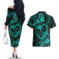 Polynesian Turtle Valentine Couples Matching Off The Shoulder Long Sleeve Dress and Hawaiian Shirt You And Me Turquoise Hibiscus Heart LT01 - Polynesian Pride