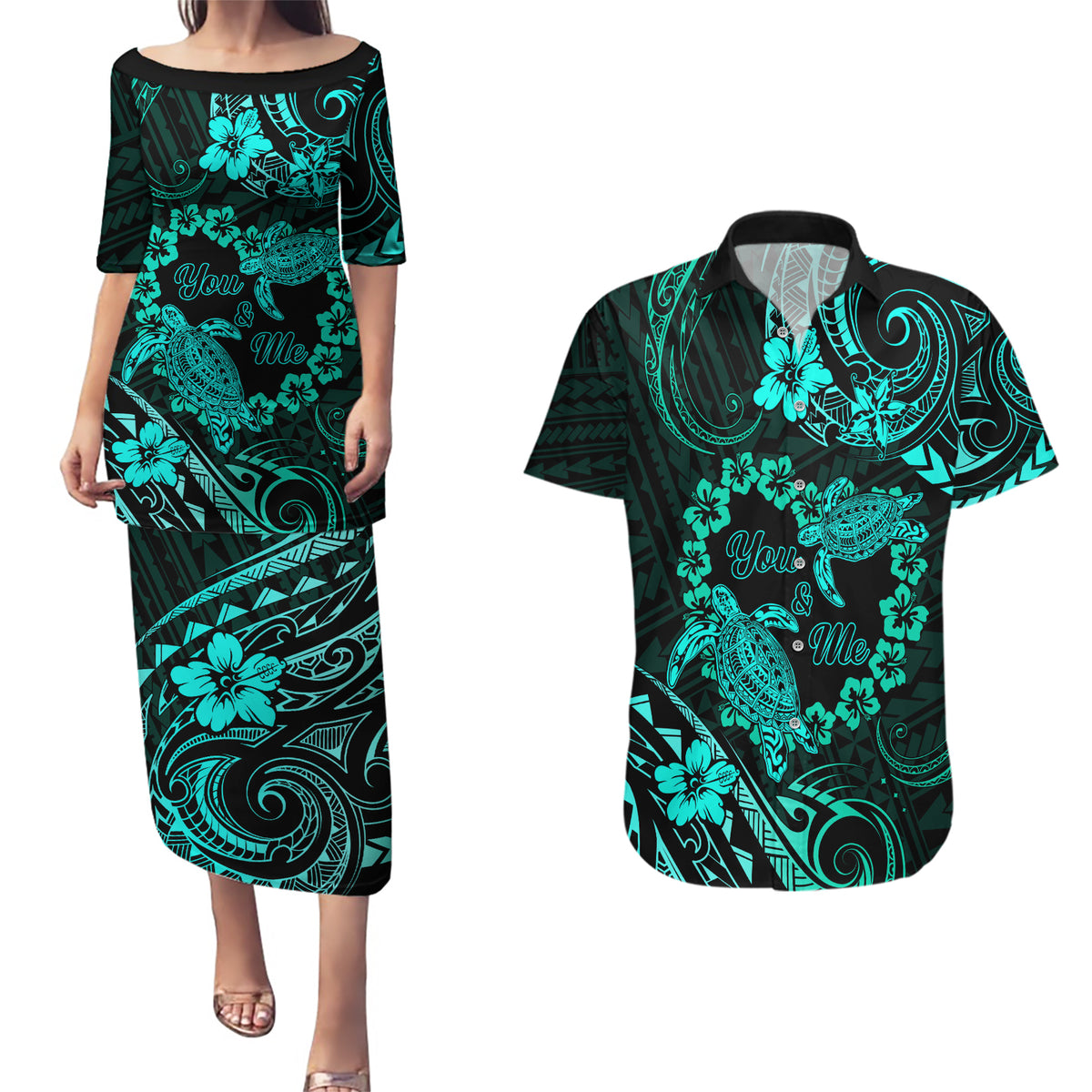 Polynesian Turtle Valentine Couples Matching Puletasi and Hawaiian Shirt You And Me Turquoise Hibiscus Heart LT01 Turquoise - Polynesian Pride