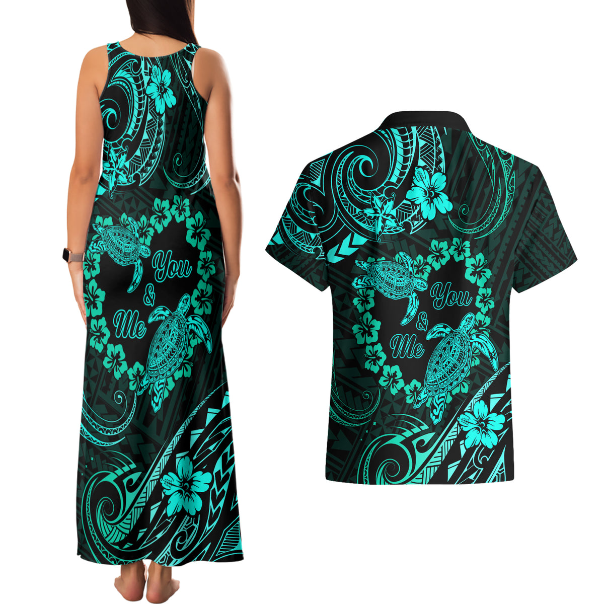 Polynesian Turtle Valentine Couples Matching Tank Maxi Dress and Hawaiian Shirt You And Me Turquoise Hibiscus Heart LT01 - Polynesian Pride