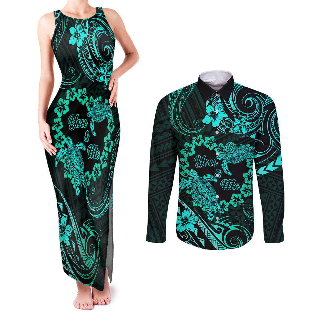 Polynesian Turtle Valentine Couples Matching Tank Maxi Dress and Long Sleeve Button Shirt You And Me Turquoise Hibiscus Heart LT01 Turquoise - Polynesian Pride