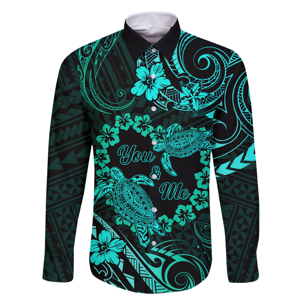 Polynesian Turtle Valentine Family Matching Off Shoulder Long Sleeve Dress and Hawaiian Shirt You And Me Turquoise Hibiscus Heart LT01 Dad's Shirt - Long Sleeve Turquoise - Polynesian Pride