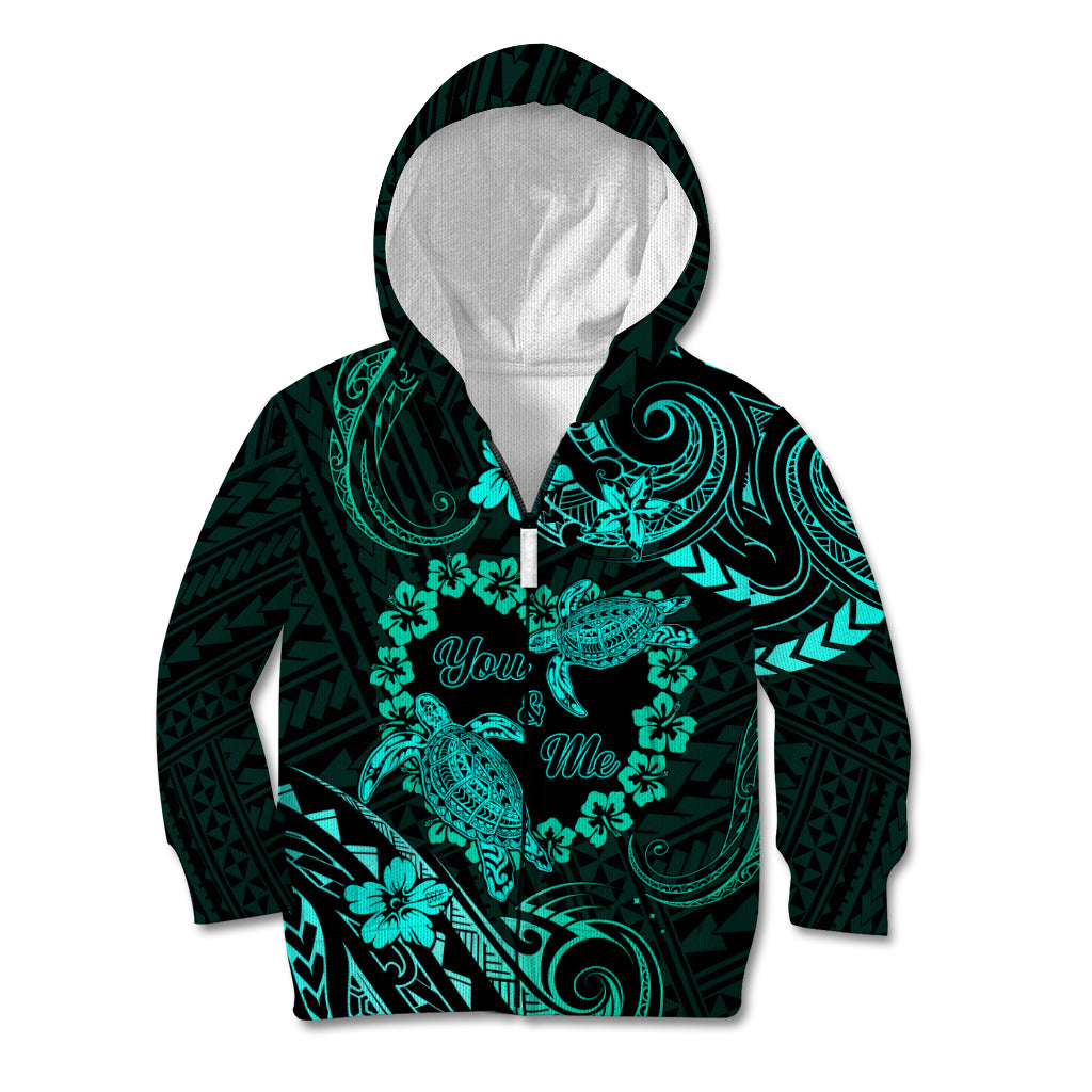 Polynesian Turtle Valentine Kid Hoodie You And Me Turquoise Hibiscus Heart LT01 Zip Hoodie Turquoise - Polynesian Pride
