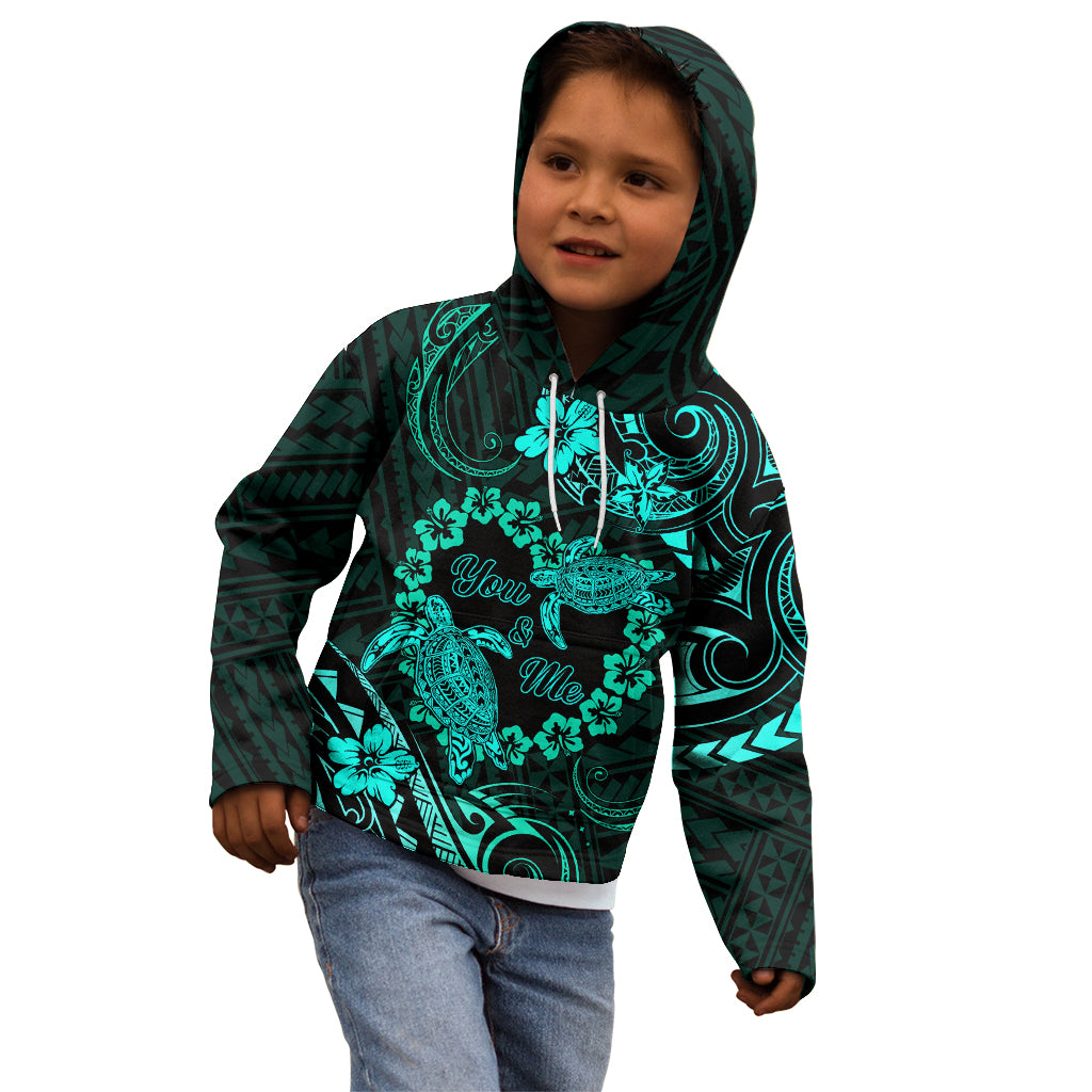 Polynesian Turtle Valentine Kid Hoodie You And Me Turquoise Hibiscus Heart LT01 - Polynesian Pride