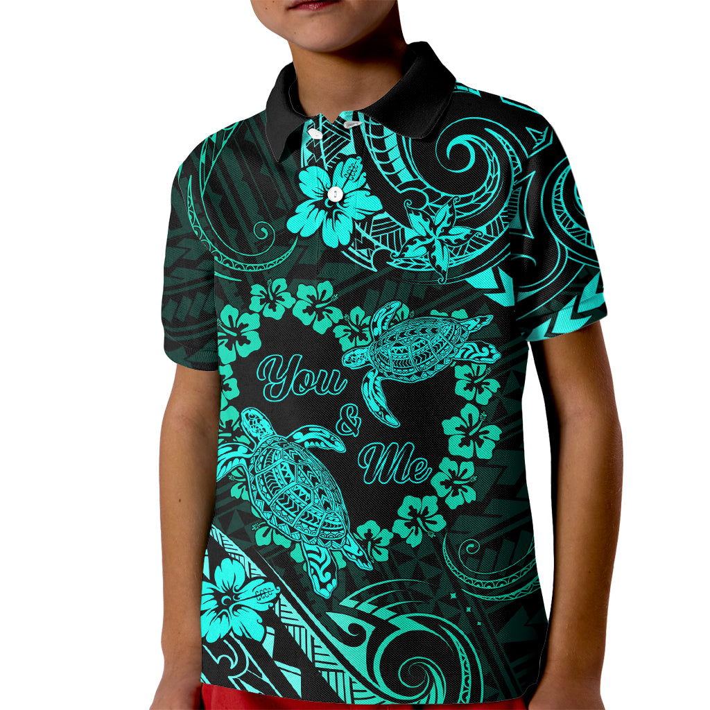 Polynesian Turtle Valentine Kid Polo Shirt You And Me Turquoise Hibiscus Heart LT01 Kid Turquoise - Polynesian Pride