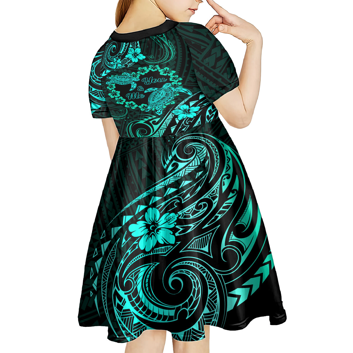Polynesian Turtle Valentine Kid Short Sleeve Dress You And Me Turquoise Hibiscus Heart LT01 - Polynesian Pride