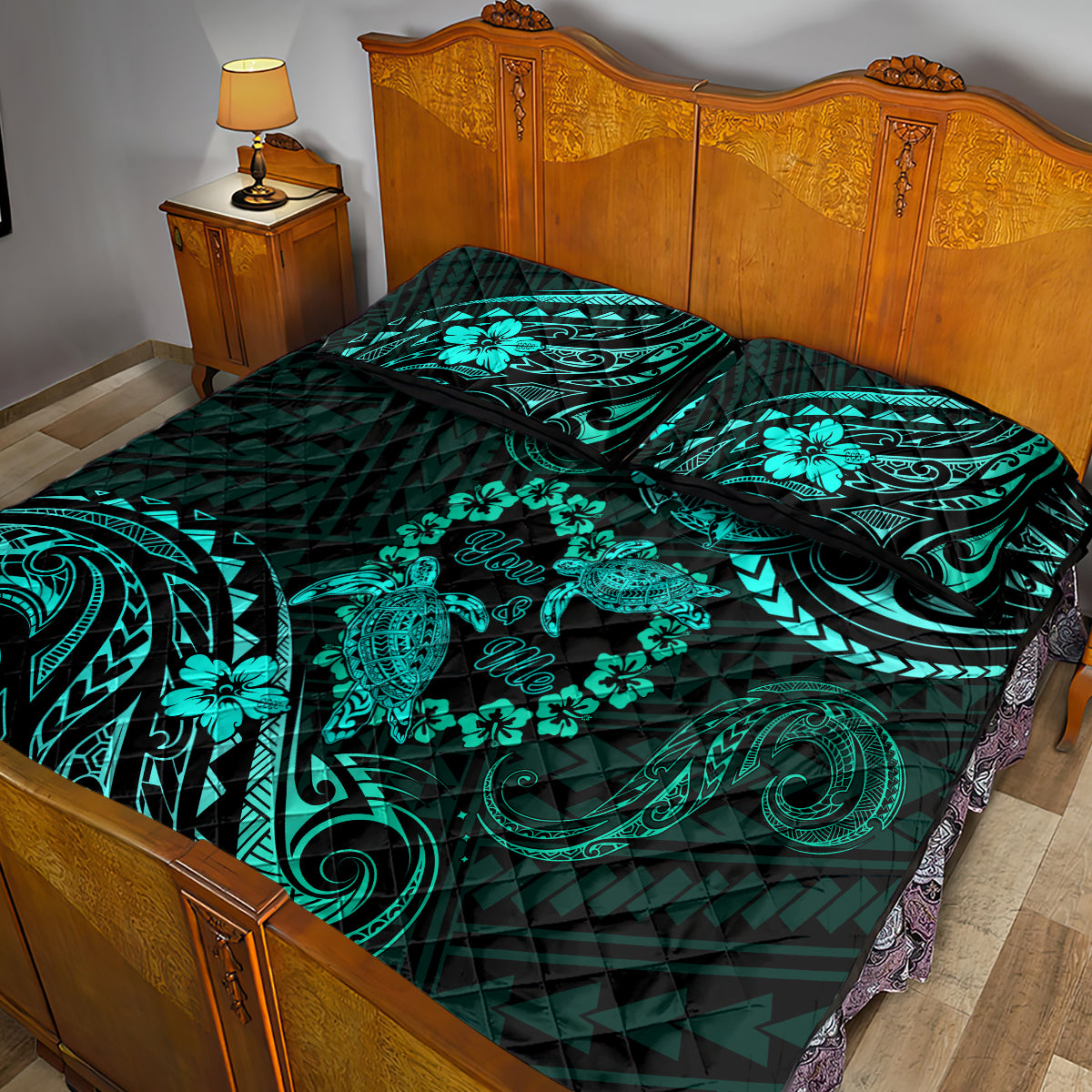 Polynesian Turtle Valentine Quilt Bed Set You And Me Turquoise Hibiscus Heart LT01 - Polynesian Pride
