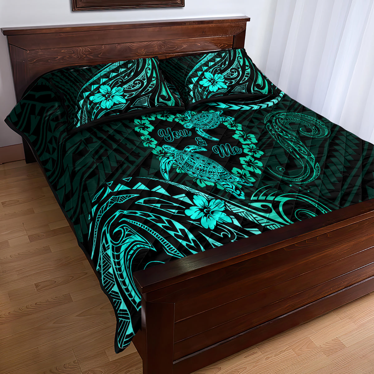 Polynesian Turtle Valentine Quilt Bed Set You And Me Turquoise Hibiscus Heart LT01 - Polynesian Pride