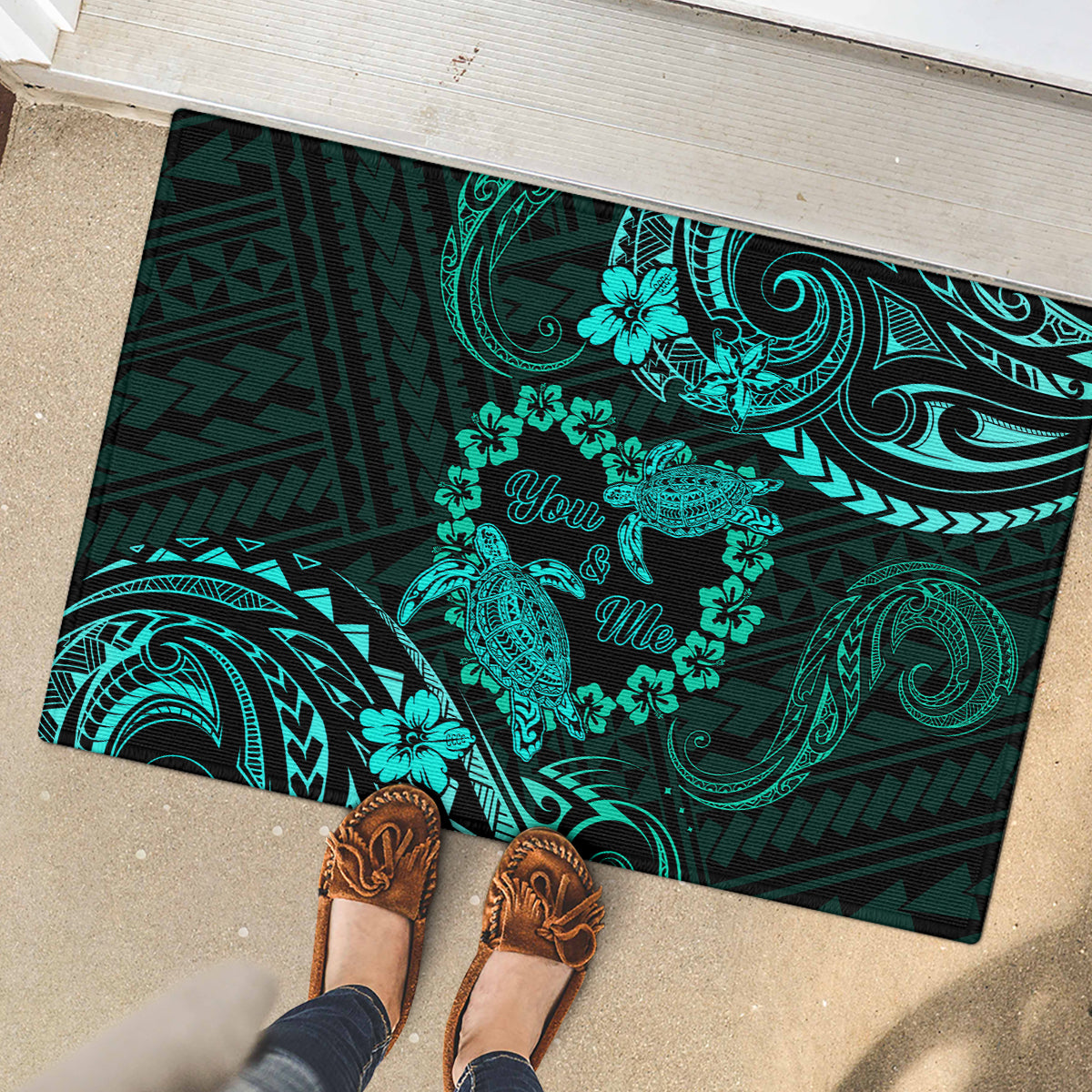 Polynesian Turtle Valentine Rubber Doormat You And Me Turquoise Hibiscus Heart LT01 - Polynesian Pride