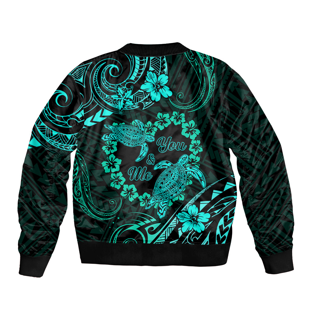 Polynesian Turtle Valentine Sleeve Zip Bomber Jacket You And Me Turquoise Hibiscus Heart LT01 - Polynesian Pride