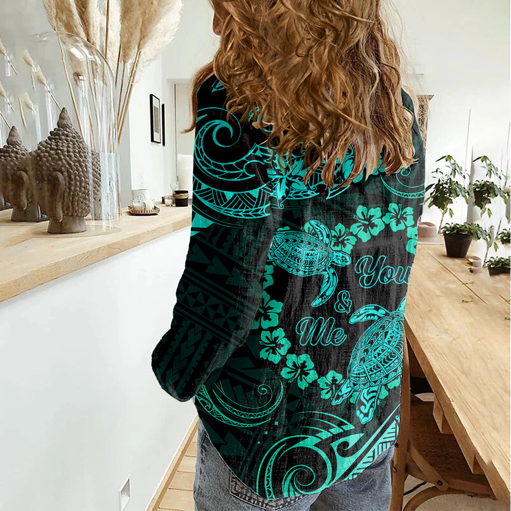 Polynesian Turtle Valentine Women Casual Shirt You And Me Turquoise Hibiscus Heart LT01 - Polynesian Pride