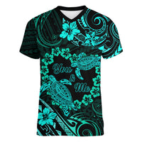 Polynesian Turtle Valentine Women V Neck T Shirt You And Me Turquoise Hibiscus Heart LT01 Female Turquoise - Polynesian Pride