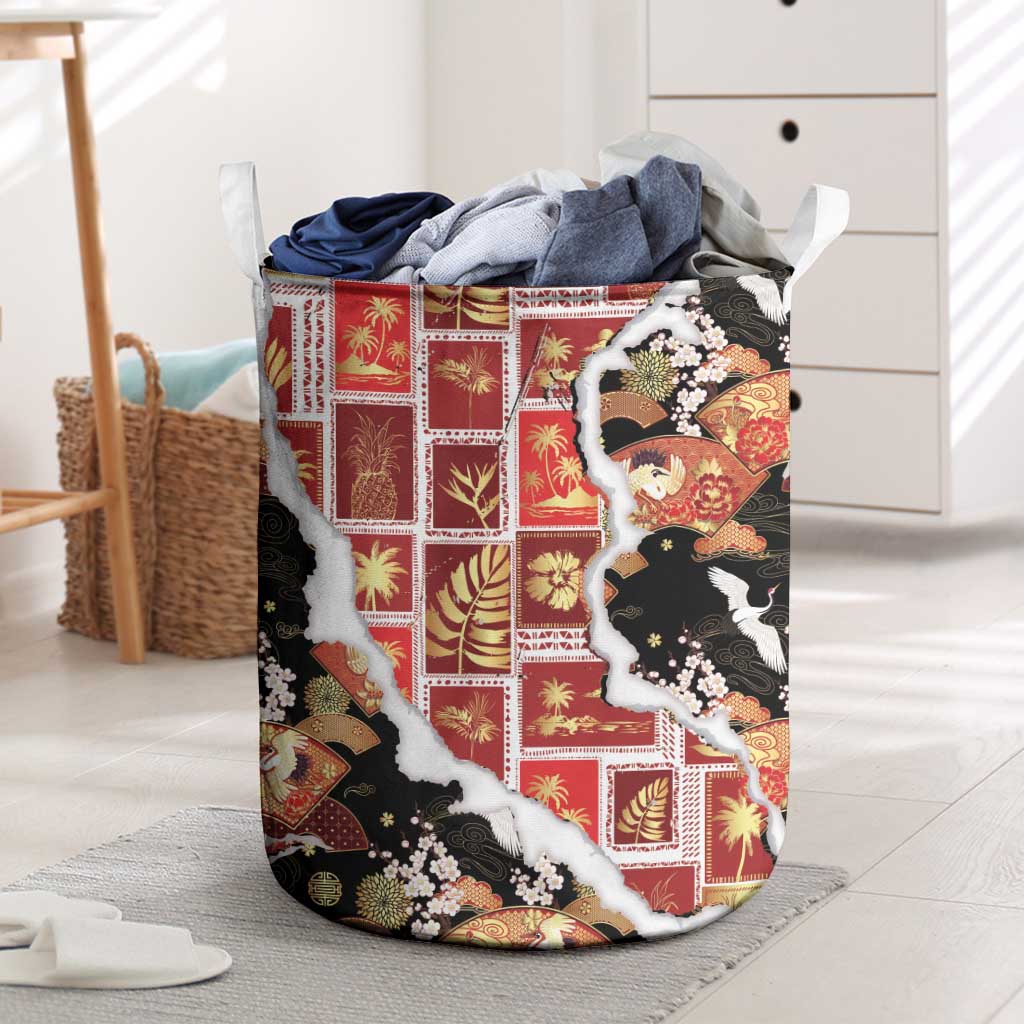 Hawaii Japanese Culture Black Laundry Basket Spring Cranes Aloha Pattern