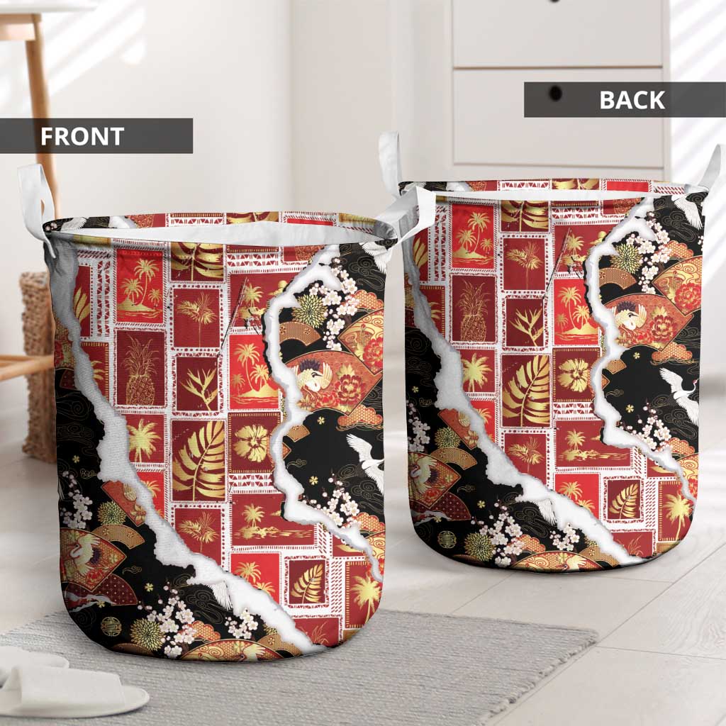 Hawaii Japanese Culture Black Laundry Basket Spring Cranes Aloha Pattern