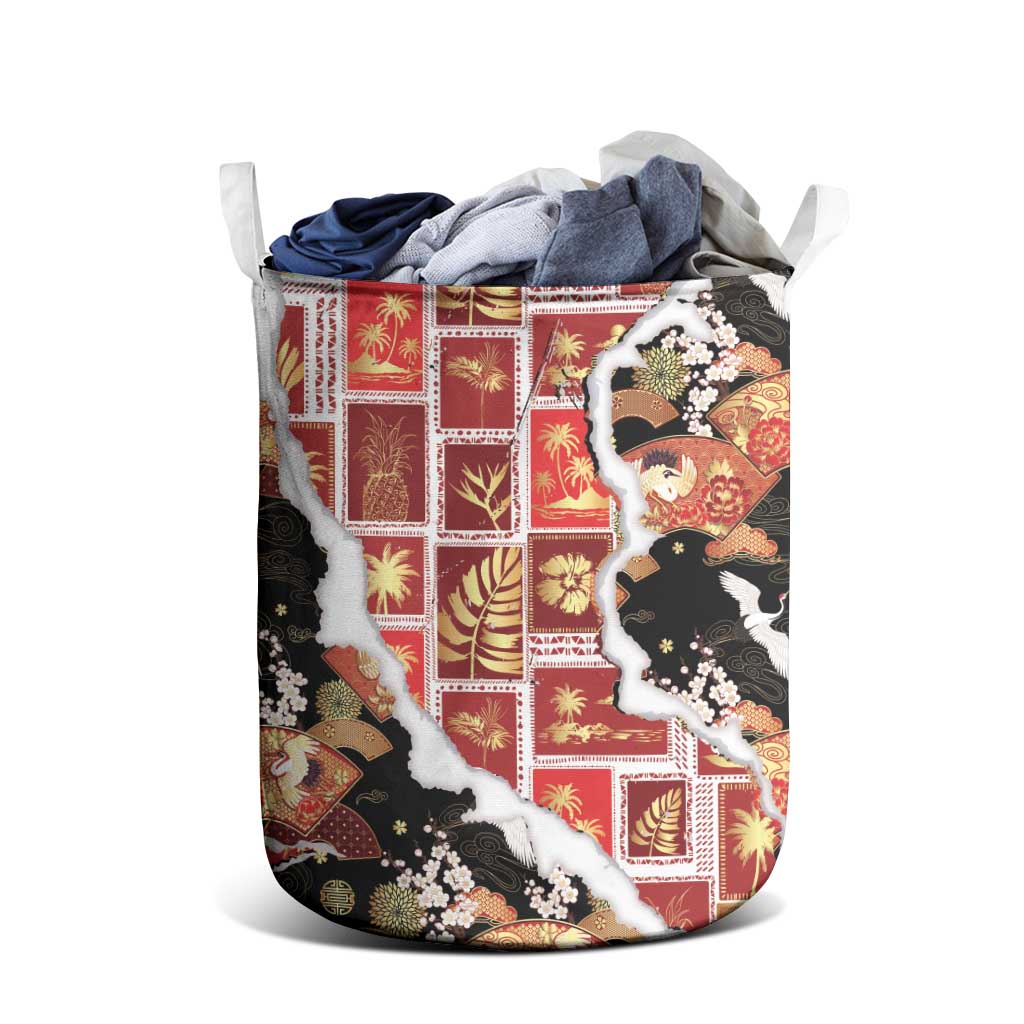Hawaii Japanese Culture Black Laundry Basket Spring Cranes Aloha Pattern