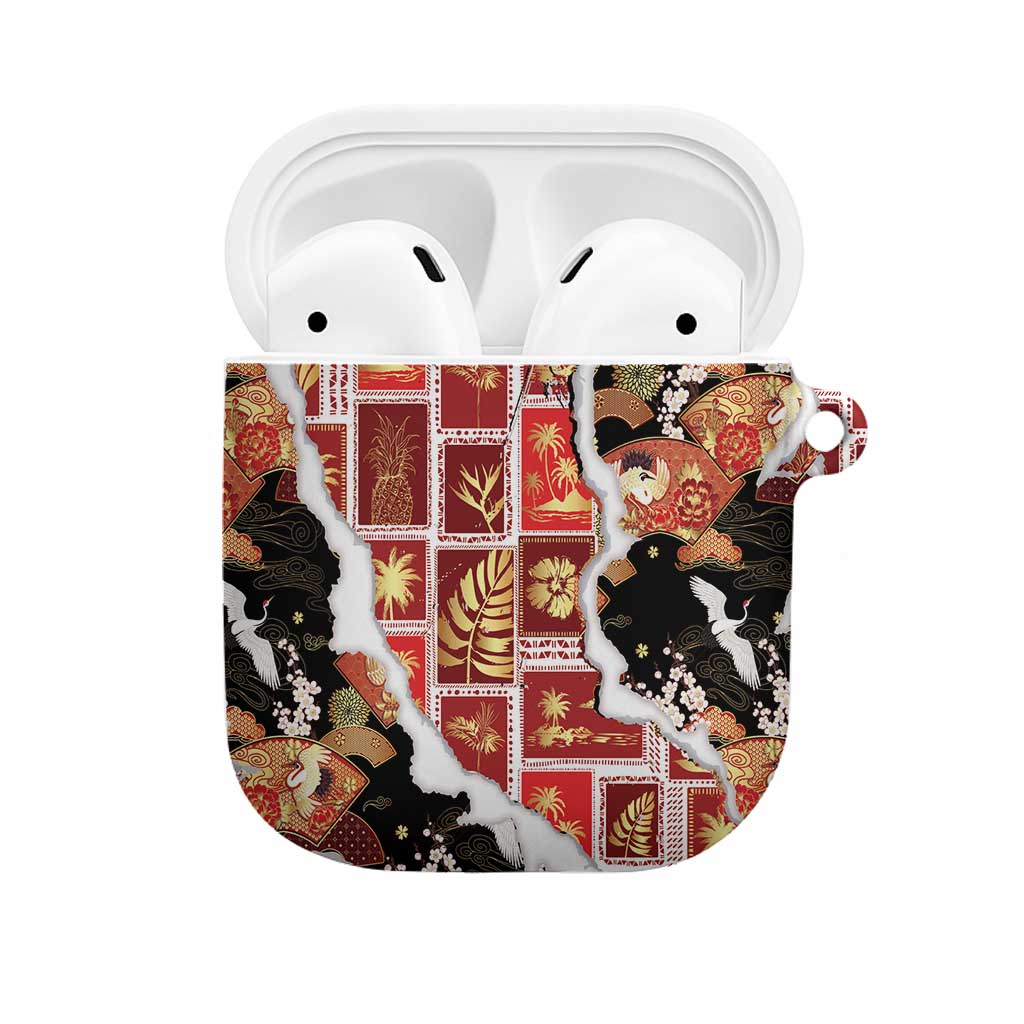 Hawaii Japanese Culture Black AirPods Case Spring Cranes Aloha Pattern