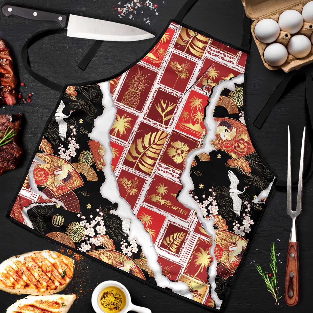 Hawaii Japanese Culture Black Apron Spring Cranes Aloha Pattern