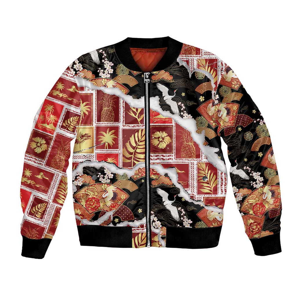 Hawaii Japanese Culture Black Bomber Jacket Spring Cranes Aloha Pattern LT01 Unisex Black - Polynesian Pride