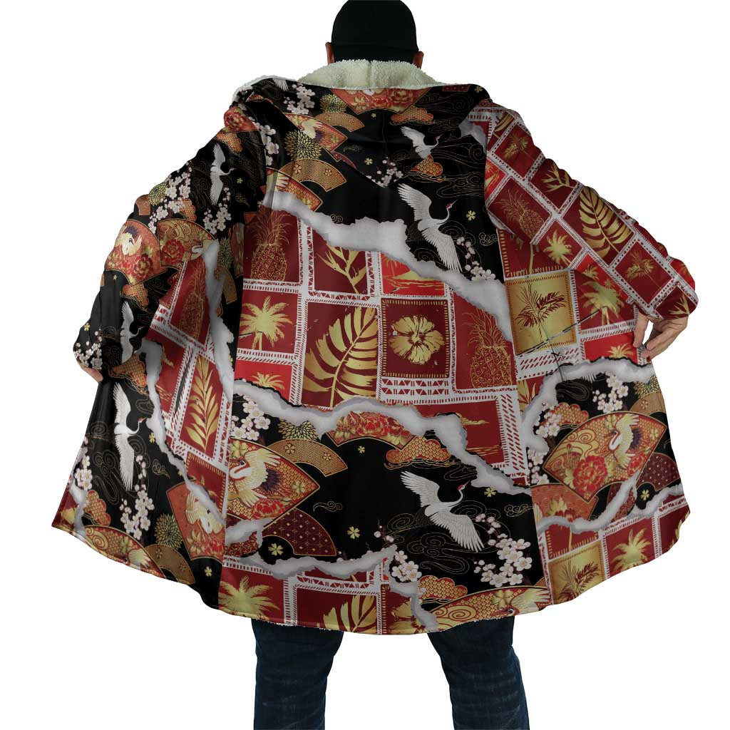 Hawaii Japanese Culture Black Cloak Spring Cranes Aloha Pattern